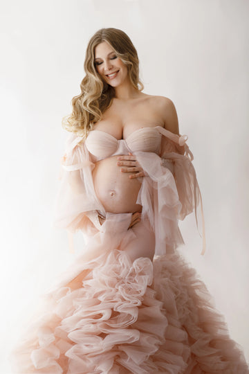 Mqtime Elegant Light Pink Maternity Outfit for Photoshoot Two Pieces Maternity Dresses for Pregnant Women Babyshower Dress Photography